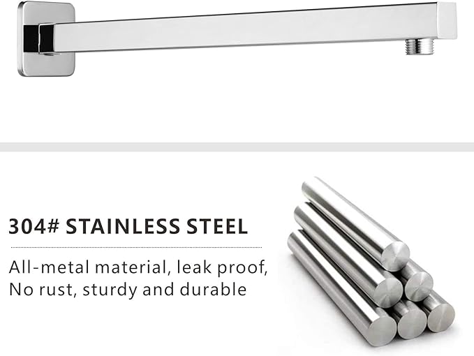 Voolan 20" Square Shower Arm with Flange and Teflon Tape, Extension Shower Head Arm for Bathroom Fixed Shower Head, Solid Stainless Steel, Wall Mounted (Chrome)