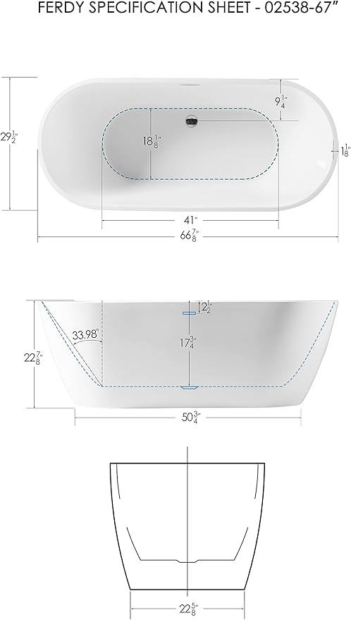 FerdY Nauru 67" Acrylic Freestanding Bathtub, Ergonomic Lightweight Classic Oval Soaking Bathtub with Toe-Tap Chrome Drain, Classic Slotted Overflow, Glossy White