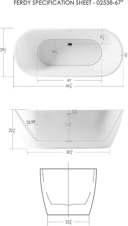 FerdY Nauru 67" Acrylic Freestanding Bathtub, Ergonomic Lightweight Classic Oval Soaking Bathtub with Toe-Tap Chrome Drain, Classic Slotted Overflow, Glossy White