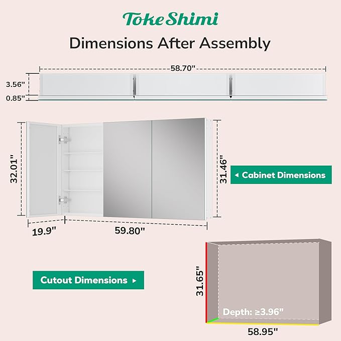 TokeShimi 60x32 Bathroom Medicine Cabinet with Mirror Tempered, Aluminum White Mirrored Medicine Cabinet Recessed or Surface Mount with Adjustable Storage Metal for Modern Farmhouse