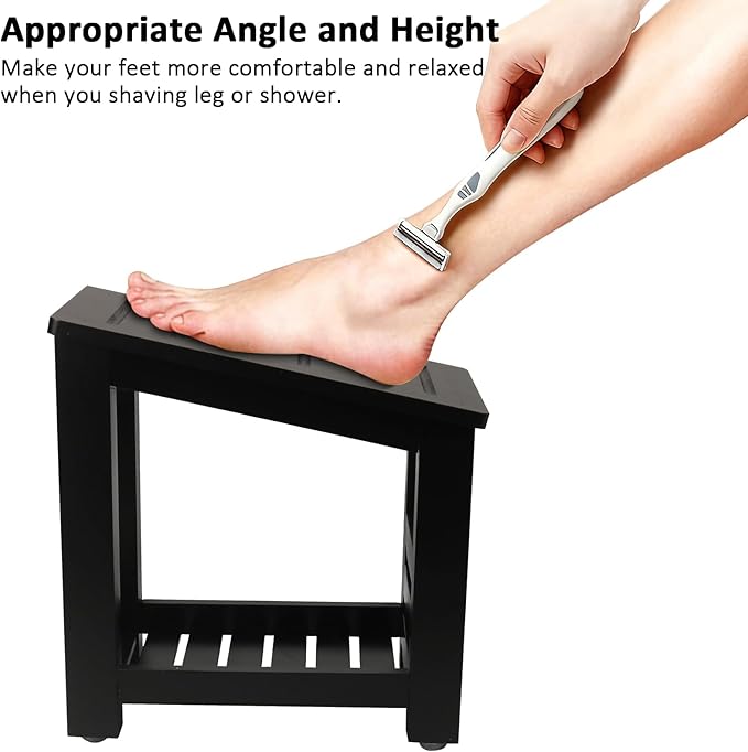 Shower Foot Rest, Small Bamboo Foot Stool with Storage Shelf, Shower Stool for Shaving Legs, No Assembly Required, Natural (Black)