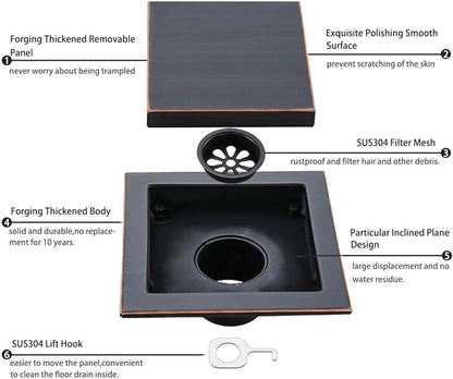 RANDOM Oil Rubbed Bronze Shower Drain Square with Removable Tile Insert Shower Drain Cover and Hair Strainer SUS 304 Stainless Steel 6 inch Shower Floor Drain