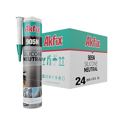Akfix 905N Clear 100% Silicone Caulk for Construction and Building (24x10.5 fl.oz.) - Solvent-Free, Low Odor, UV & Water Resistant, Fast Curing, Non-sag, Flexible Silicone Sealant | Clear, 24 Pack
