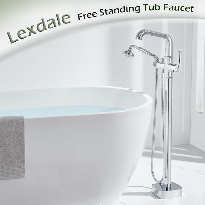 Luxury Free Standing Tub Faucet, Classic Brass Freestanding Bathtub Faucet, Lexdale Bathroom Floor Mount Tub Filler with handheld Sprayer Supply Lines Included Polished Chrome (LD8911-CP)