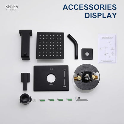 KENES Tub Shower Faucet Set Complete, Matte Black Tub and Shower Trim Kit with 6-Inch Rain Shower Head, Square Shower System, KE-6025A-2 (Shower Valve Included)