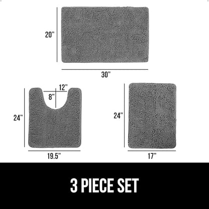 GORILLA GRIP Area Rug Sets 3 Piece, Bath Mat Set and Oval Toilet Base with Rubber Backing, Plush Absorbent Shaggy Chenille Washable Mats, Includes 24x19.5, 24x17 and 30x20 Inch Rugs, Grey