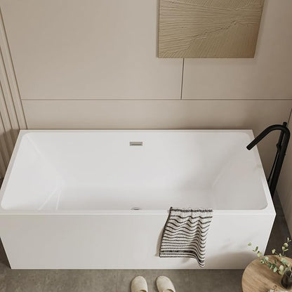 59" Acrylic Freestanding Bathtub - Modern Rectangular Soaking Tub, Glossy White Finish, Chrome Linear Overflow & Drain Kit, CUPC Certified