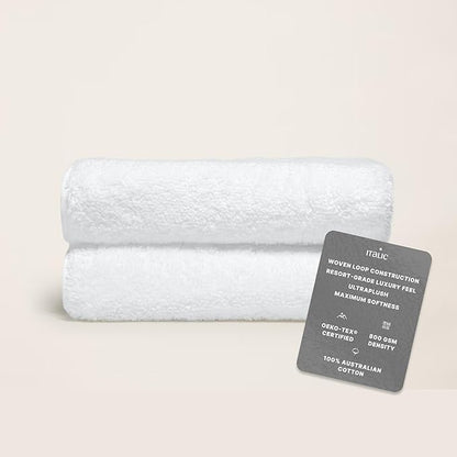 Italic Ultraplush 100% Australian Cotton Hand Towels - Set of 2 Luxury Hand Towels, Ultra Soft and Highly Absorbent 800GSM Towels for Bathroom,Shower, Hotel, and Spa (White)