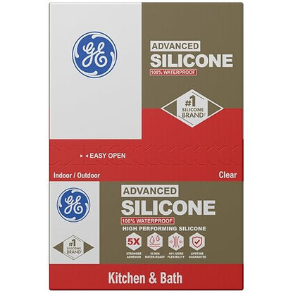 GE Advanced Silicone Caulk for Kitchen & Bathroom, Clear, 10 fl oz Cartridge, 12 Pack - 100% Waterproof Silicone Sealant, 5X Stronger Adhesion, Shrink & Crack Proof