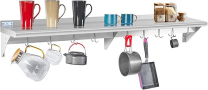 Hally Stainless Steel Shelf with 9 Hooks 12" x 72" Wall Mounted Pot Rack 345lb, NSF Commercial Floating Shelving for Storage Hanging Pots, Pans, cookware in Restaurant, Kitchen, Home and Hotel