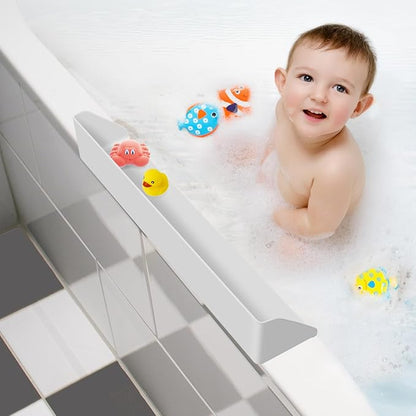 Splash Guard for Bathtub, 3.8" x 3.6" Silicone Bath Tub Splash Guard with 6 Suction Cups, Bathtub SplashGuard Play Shelf Area for Kids with 3°Drainage Slope for Faster Drying - White