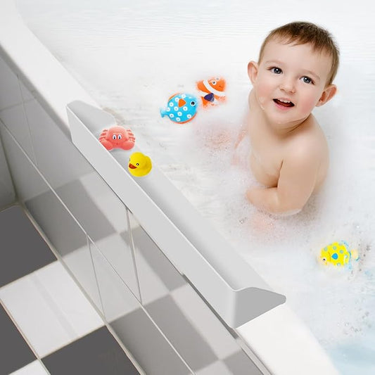 Splash Guard for Bathtub, 3.8" x 3.6" Silicone Bath Tub Splash Guard with 6 Suction Cups, Bathtub SplashGuard Play Shelf Area for Kids with 3°Drainage Slope for Faster Drying - White