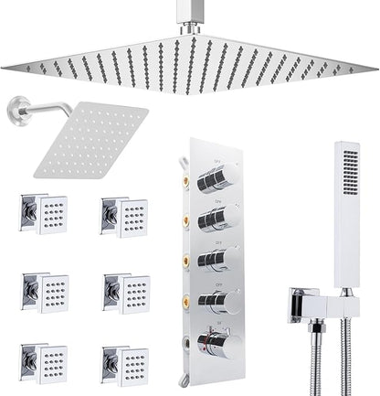 Thermostatic Shower System Dual Shower Heads with 16" Ceiling Mounted Rain Shower Head & 6" Wall Mounted Head 4 Function Full Body Shower System with body jets Can All Run Together, Chrome