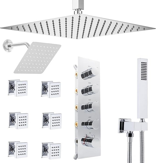 Thermostatic Shower System Dual Shower Heads with 16" Ceiling Mounted Rain Shower Head & 6" Wall Mounted Head 4 Function Full Body Shower System with body jets Can All Run Together, Chrome
