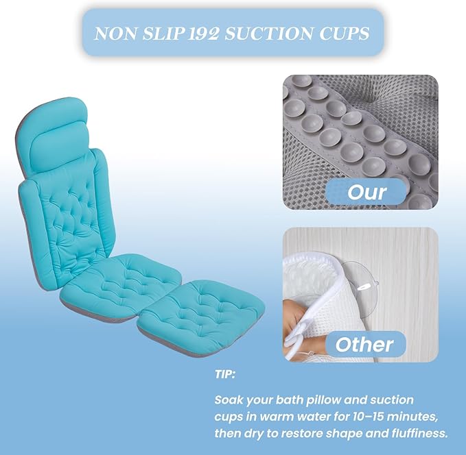 Bath Pillow for Tub | 4D Air Mesh Fabric - Plush Bathtub Pillow for Neck & Back Support, Hot Tub Pillow with 6 Non-Slip Suction Cups | Spa Pillow for Relaxation and Comfort (White). (Full Body Blue)