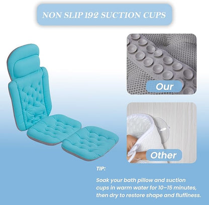 Bath Pillow for Tub | 4D Air Mesh Fabric - Plush Bathtub Pillow for Neck & Back Support, Hot Tub Pillow with 6 Non-Slip Suction Cups | Spa Pillow for Relaxation and Comfort (White). (Full Body Blue)
