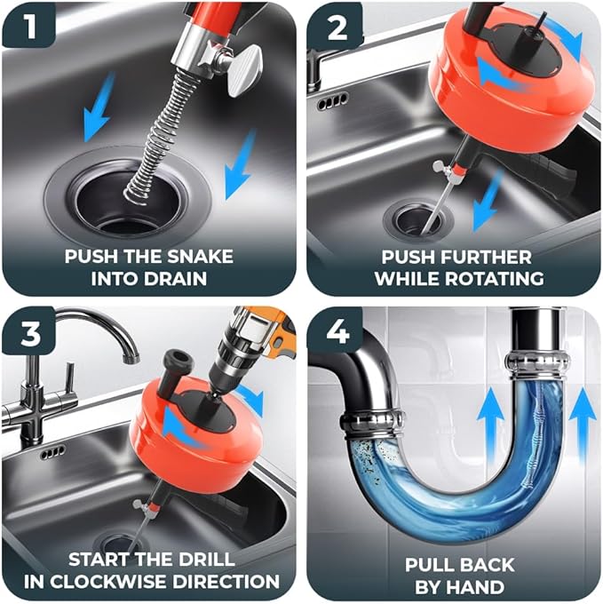 drain snake 2.0 [50 FT] - with drill attachment - Ideal plumbing snake for sink and drain unblocking - Solid drain auger for real DYIs! (50 FT - 1/4 inch)