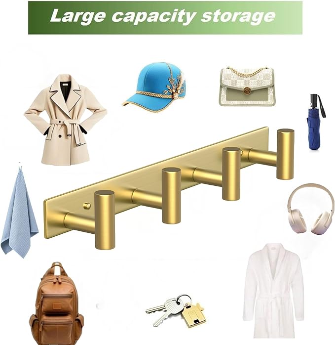 Wall Mounted Coat Rack-4 Hooks, Heavy Duty Stainless Steel Wall Hooks for Towel Coat Bag, Hat Rack Coat Hanger Coat Hooks Towel Racks for Bathroom Entryway Kitchen Hotel Office (Gold, 1 Pack)