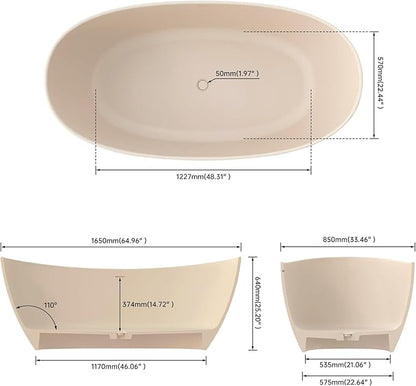 65" Premium Solid Surface Freestanding Bathtub, Modern Cream Design Stone Resin Bath Tub with Overflow and Pop-up Drain, Matte