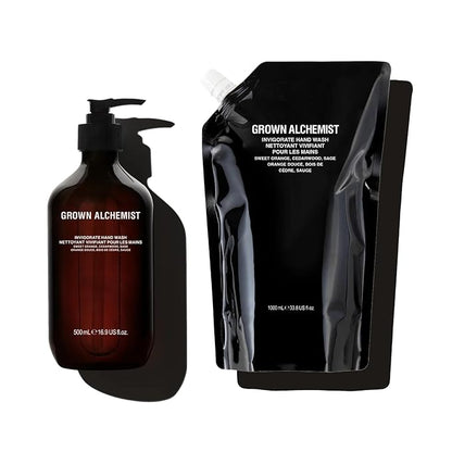 Grown Alchemist Invigorate Hand Wash + Refill Set – Liquid Hand Soap with Aloe, Sweet Orange, Cedarwood & Sage – Gentle, Moisturizing Kitchen & Bathroom Soap, Natural Plant Based Gel Cleanser