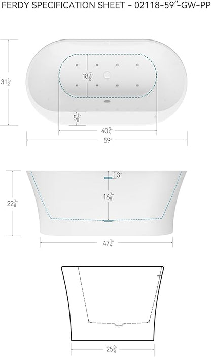 FerdY Mauritius 59 Inch Acrylic Freestanding Whirlpool Bathtub, Oval with 8 Water SPA Jets Morden White Stand Alone Jetted Tub, Luxury Acrylic Free Stand Deep Soaking Bath Tub