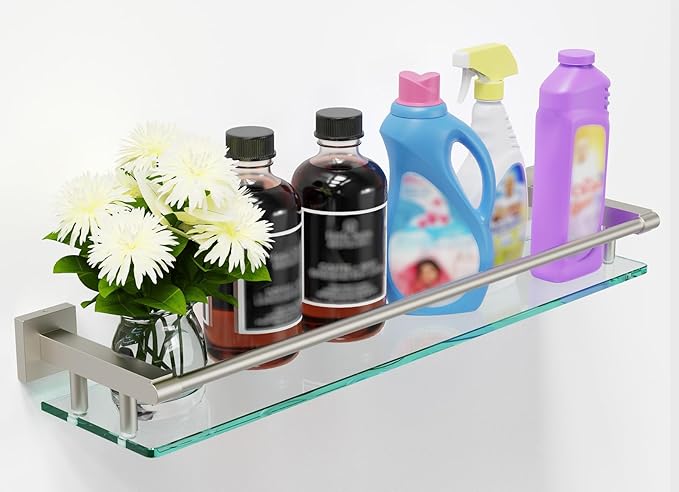 Glass Shelf for Bathroom Wall Sheves 24 inch Rectangular Stainless Steel Tempered Glass Modern Stainless Steel Wall Mount Accessories Organizers Storage (Brushed Nickel, 24‘’)