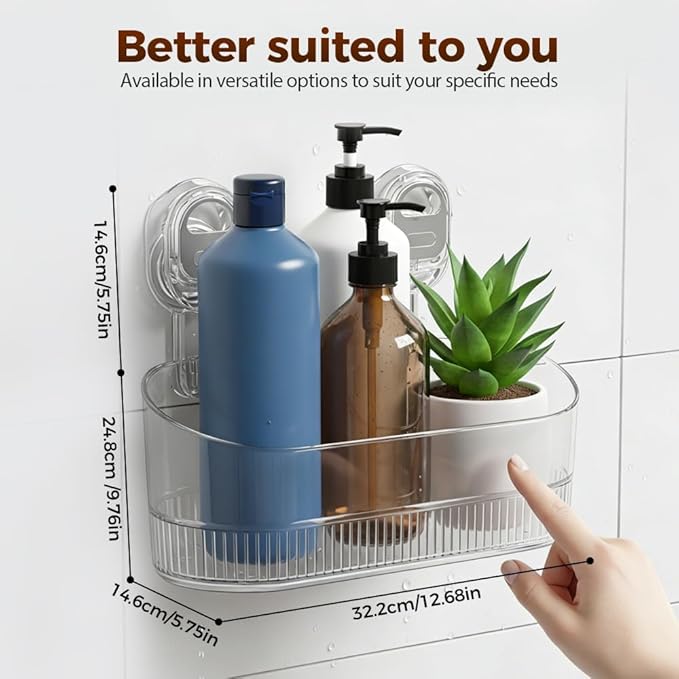No-Drill Bathroom Suction Storage Box, Corrugated Suction Cup Storage Holder, Removable Hanging Basket, No Drilling Shelves Caddy, Ripple Acrylic Wall Shelf (Grey)