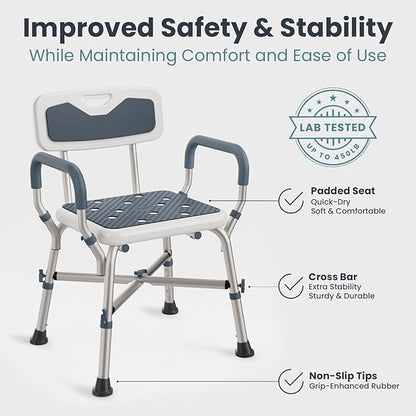 Shower Chair for Elderly and Disabled (450lb) with Padded Armrests and Back, Adjustable Height Shower Seat, Heavy Duty Shower Chairs for Inside Shower, Handicap - Teal