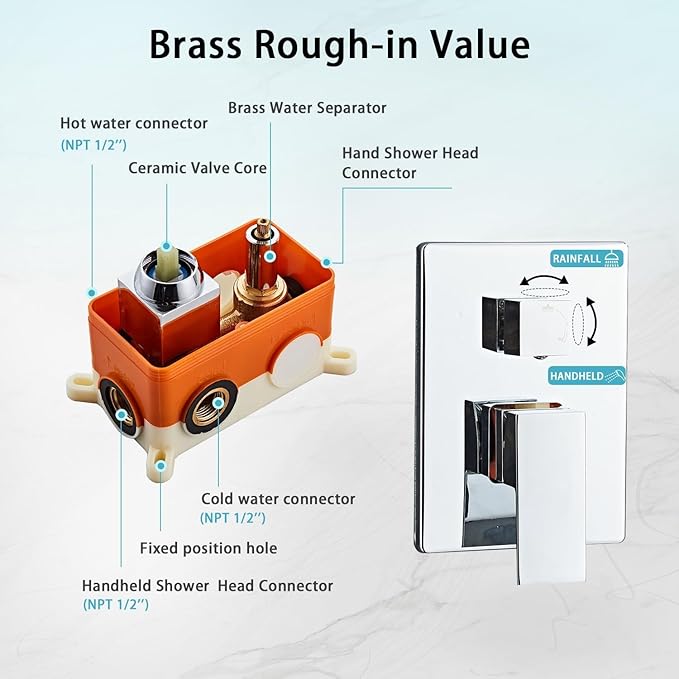 12 Inch Ceiling Mount Shower Faucet Set, Silver Rainfall Shower System with Valve Trim, Square Rain Shower Spray Combo Luxury Shower Fixtures Polish Chrome Shower Head and Handle Set