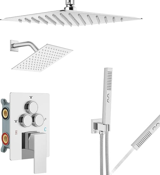 Aolemi Shower Faucet Set Ceiling Mount Shower System Rough-in Valve and Shower Trim Kit 10 and 6 Inch Dual Shower Head 2 in 1 Handheld Spray Push Button Diverter Polish Chrome