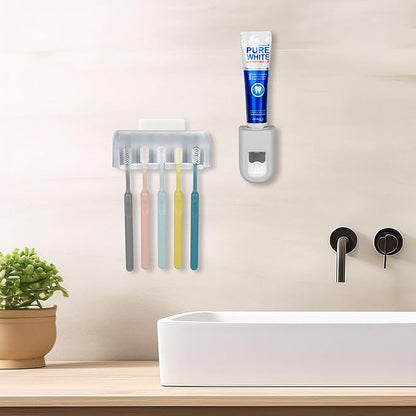 5 Slots Wall Mount Toothbrush Holder with Cover, Self Adhesive Toothbrush Storage Organizer for Shower, Toothbrush Hanger with Automatic Toothpaste Squeezer Dispenser (Grey)