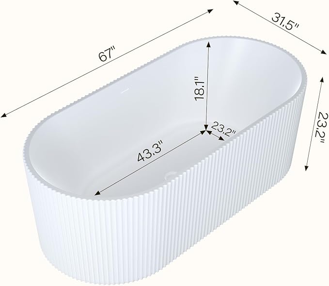 Freestanding Bathtub 67 Inch Acrylic Soaking Tub – Contemporary Stripe Design Free Standing Tub with Pop-Up Drain & Overflow, Elegant Freestanding Bathtub for Bathroom Upgrade