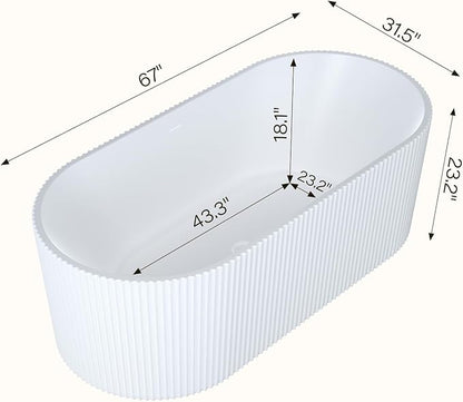 Freestanding Bathtub 67 Inch Acrylic Soaking Tub – Contemporary Stripe Design Free Standing Tub with Pop-Up Drain & Overflow, Elegant Freestanding Bathtub for Bathroom Upgrade