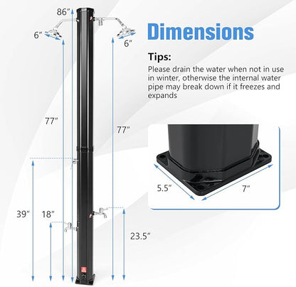 Goplus 9.3 Gallon Solar Heated Outdoor Shower, 7.2 FT Freestanding Garden Shower with Dual Swivel Shower Heads & 2 Foot Showers, Adjustable Temperature,for Poolside Backyard Beach