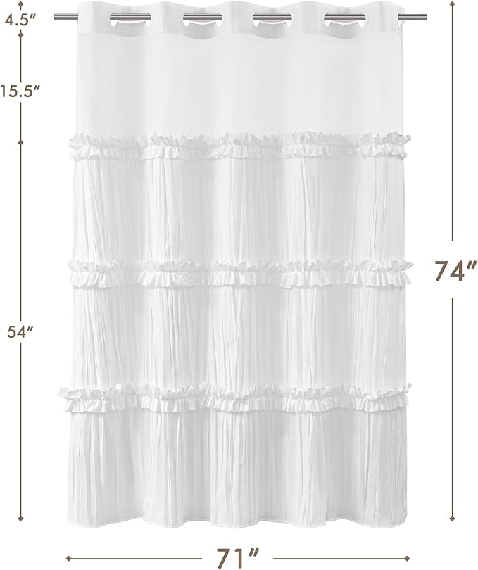 ROSERY No Hook Ruffle Shower Curtain with Snap in Fabric Liner Set, Ruched Vintage Farmhouse Shower Curtain for Bathroom with See Through Window, Ruffle Pattern, 71" W x 74" L
