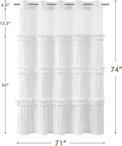 ROSERY No Hook Ruffle Shower Curtain with Snap in Fabric Liner Set, Ruched Vintage Farmhouse Shower Curtain for Bathroom with See Through Window, Ruffle Pattern, 71" W x 74" L