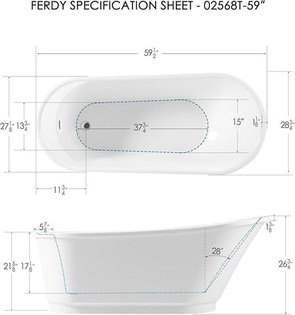 FerdY Langkawi 59" Acrylic Freestanding Bathtub, White Modern Stand Alone Soaking Bathtub, cUPC Certified, Chrome Drain and Minimalist Linear Design Overflow Included, Easy to Install, 02568T