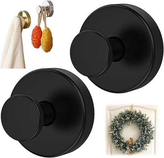 Removable & Reusable Suction Cup Hooks for Shower, Heavy Duty No-Drill Cup Hooks for Towels, Robes, Loofah–Wreath Hangers for Front Doors,Doors & Smooth Surfaces (Black, 2 Pack)