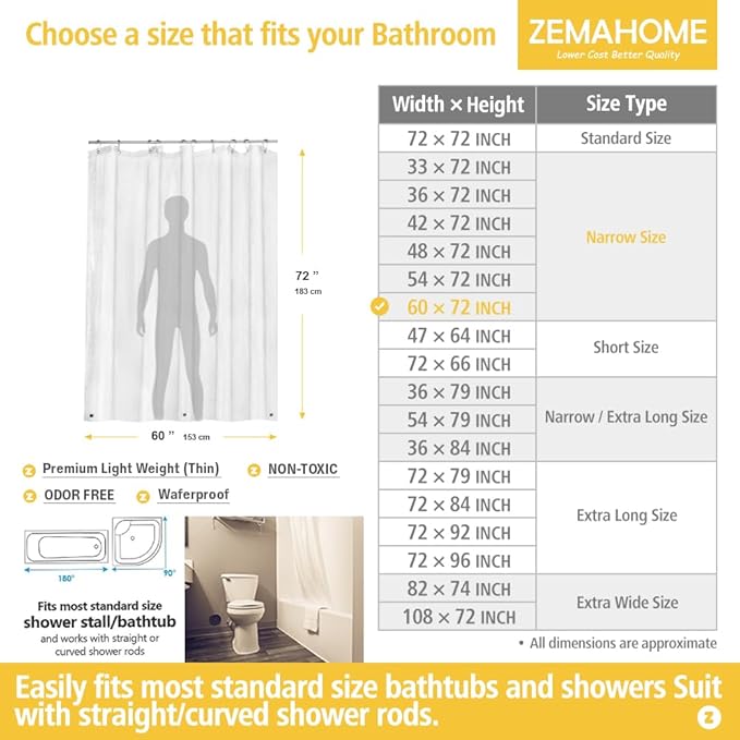 Narrow Size Clear Plastic Shower Curtain Liner, 60x72 Inch Thin Lightweight Transparent Plastic Bathroom Shower Showroom Inner Curtain with Rustproof Metal Grommet Holes and Weighted Magnets