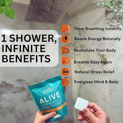 Alive Shower Bombs 10-Pack – Made in USA | Powerful Aromatherapy Steamers with Eucalyptus, Peppermint & Menthol | Energizing Scent for Morning Focus & Breathing Boost | Natural Self Care Gift