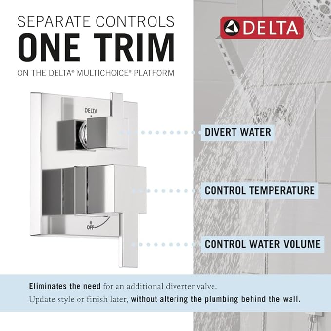 Delta Modern 14 Series Square Rain Shower System Faucet Set, Rainfall Chrome Shower Head and Handle Set, Valve Trim Kit, 10 Inch, Chrome 342701