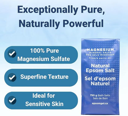 Epsomgel™ Natural Epsom Bath Salts - 750g | 100% Pure Magnesium Sulfate Crystals | Unscented Bath Soak for Relaxation, Comfort & General Wellness