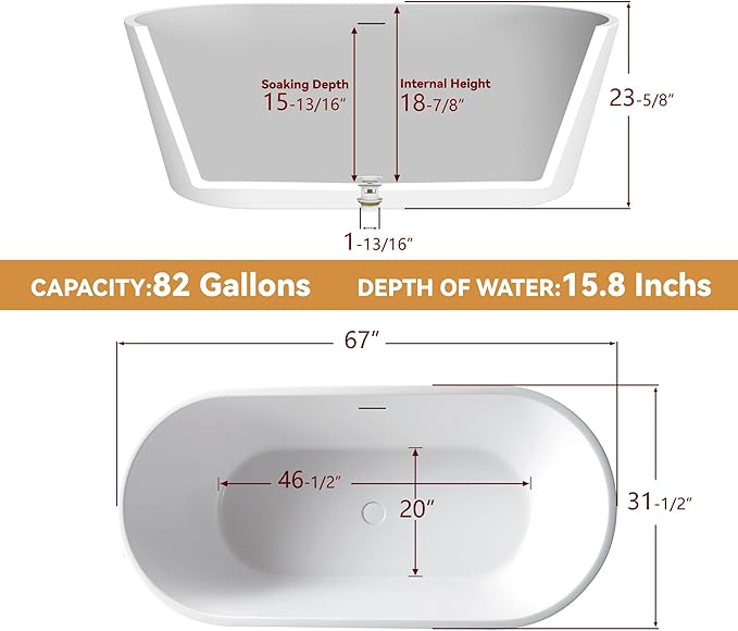 67" Free Standing Tub, Pure Acrylic Freestanding Bathtub, Stylish Stand Alone Tub, Contemporary Deep Soaking Bath Tub, cUPC Certified SY1570 (Glossy White)