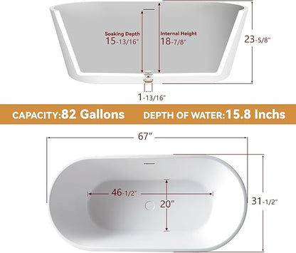 67" Free Standing Tub, Pure Acrylic Freestanding Bathtub, Stylish Stand Alone Tub, Contemporary Deep Soaking Bath Tub, cUPC Certified SY1570 (Glossy White)