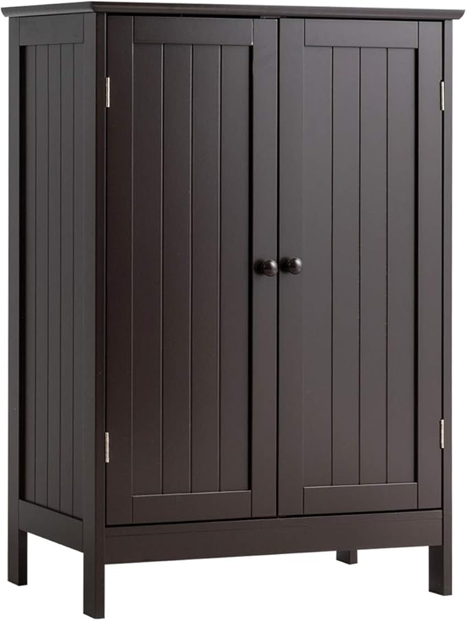 Tangkula Freestanding Storage Cabinet with Double Doors and Shelf, Modern Home Furniture, Wooden Home Organizer for Living Room, Bathroom Storage, Brown