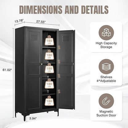 Yizosh Metal Pantry Cabinet,Tall Kitchen Pantry Storage Cabinet with Doors and Adjustable Shelves - 61" Black Cupboard Cabinet for Kitchen, Living Room,Dining Room,Home
