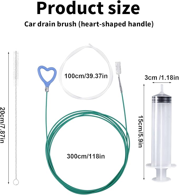 BOXOB 10 Pcs Car Sunroof Drain Cleaning Tool, 2 118in Flexible Long Pipe Cleaners with 4 Cleaning Brush 2 Syringe & Syringe Hose Heart Shaped Handle Soft Drain Brush for Auto Sunroof Wiper Hole