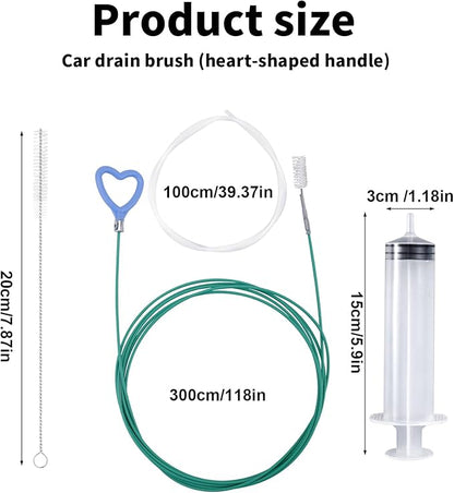 BOXOB 10 Pcs Car Sunroof Drain Cleaning Tool, 2 118in Flexible Long Pipe Cleaners with 4 Cleaning Brush 2 Syringe & Syringe Hose Heart Shaped Handle Soft Drain Brush for Auto Sunroof Wiper Hole