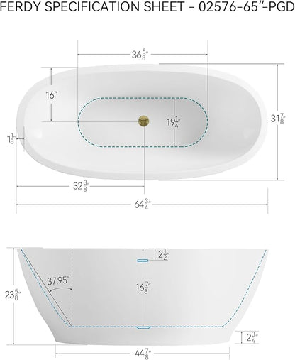 FerdY Koh Samui 65" Freestanding Bathtub, Elegant Oval Shape, Double Walled Insulation Bathtub with Center Polished Gold Drain & Minimalist Linear Design Overflow