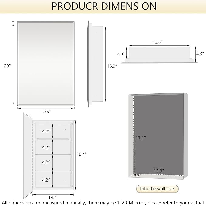 Bathroom Medicine Cabinet with 16x20 in Rectangular Beveled Frameless Mirror,Wall Mounted Mirror Cabinet for Bathroom Toilet Kitchen,Recess or Surface Mount